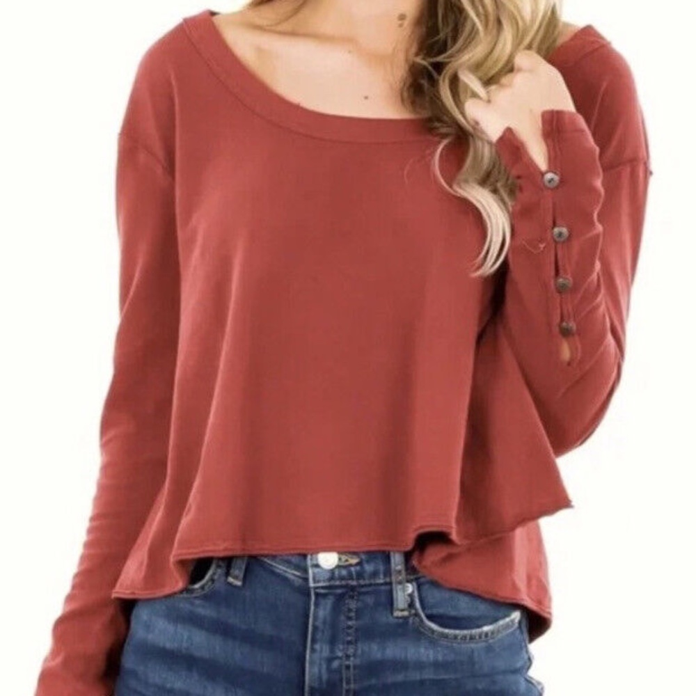 Free People Cherry Berry Peony Long Sleeve Button Detail Top